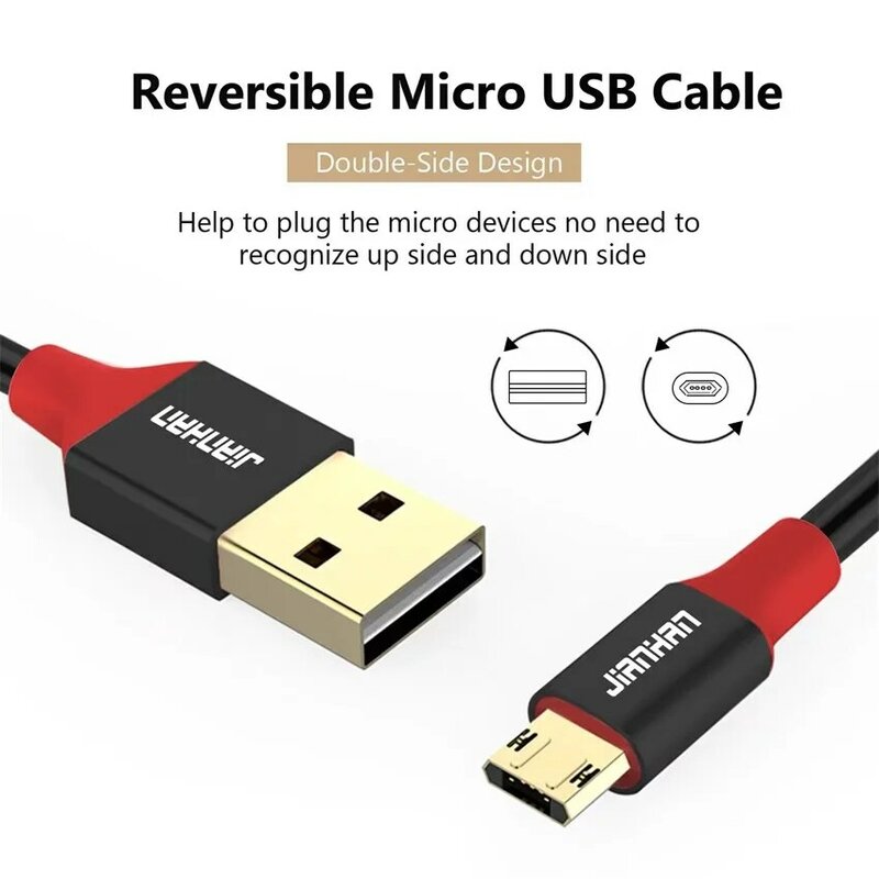 Jianhan-Micro USB reversível 3A cabo de carregamento rápido, carregador para Samsung, Xiaomi, HTC, LG, Andriod, dados, telefone móvel