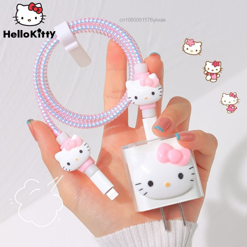 Sanrio hello kitty cabo protetores conjunto para o iphone 12 carregamento rápido 18/20 w plug protetor de dados usb sprial cabo linha proteção