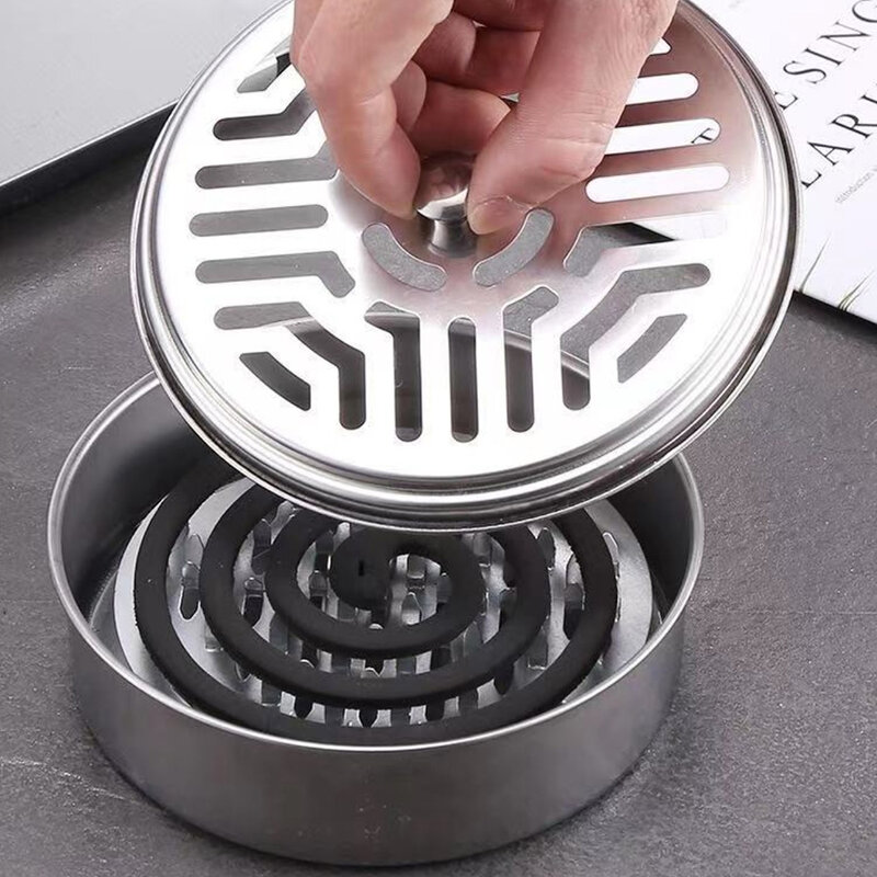 Mosquito Coils Holder Stainless Steel Mosquito Coil Box with Cover Round Mosquito Coil Tray Anti-Mosquito Supplies for Home