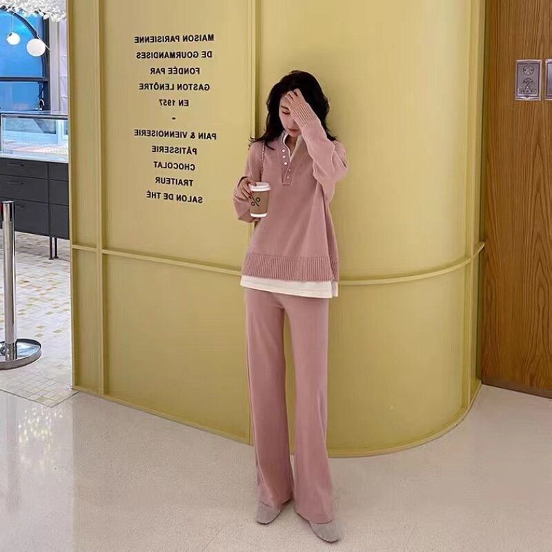 Camisola de manga comprida feminina e conjunto de calças largas, moda coreana, terno casual, pulôveres, malhas, conjuntos de calças