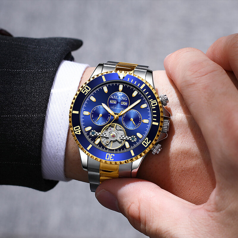 Ailang-スケルトン,自動巻き,ステンレス鋼,発光,防水,男性用の高級時計