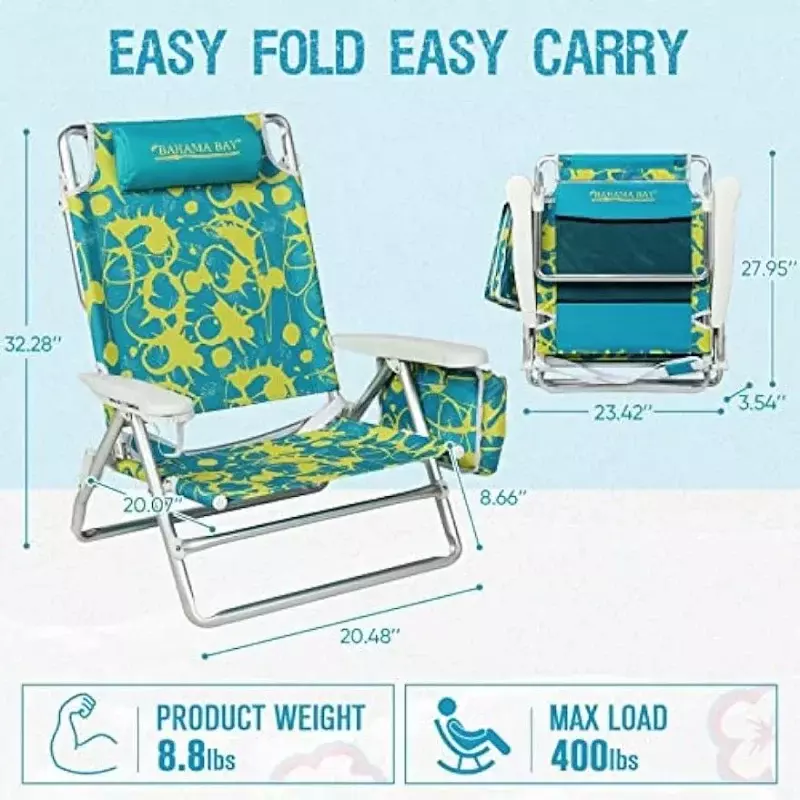 Cadeira de praia reclinável para adultos, 5 posições Lay Flat Lounge Chair, Heavy Duty, mochila portátil dobrável, Old Bahama Bay
