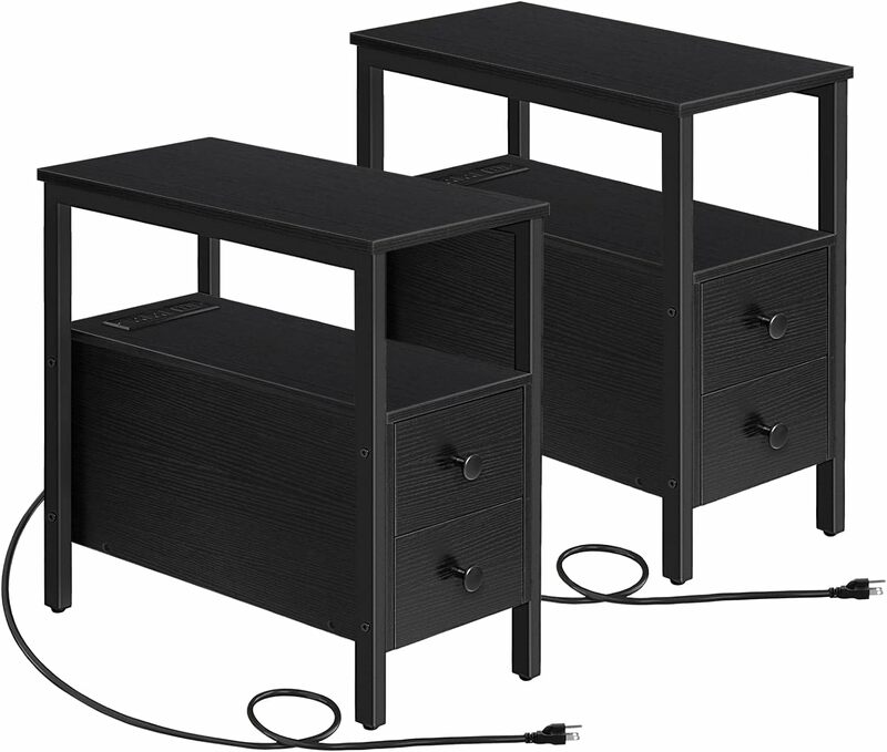 Narrow side table with drawers and USB ports and power outlets, small space nightstand, living room, stable solid, black