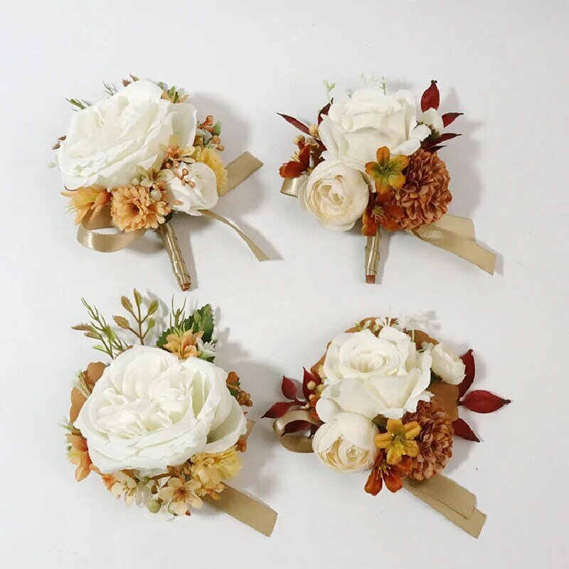 Boutonniere And Wrist Corsage Wedding Supplies Banquet Guests Simulated Flowers Groom Bride Orange Coffee 379
