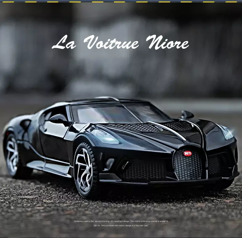 Bugatti La Voiture Noire-Brinquedo modelo de liga para crianças, diecasts Metal, som e luz, veículo puxado, 1:32