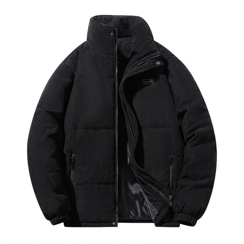 男性用スタンドカラーコットンダウンコート,厚手のパッド入りコート,防風,長袖ポケット,伸縮性のある生地,ジッパー付きクロージャー,冬