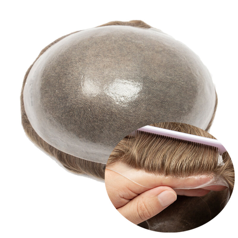 Niewidoczne węzły 0.06mm cienka skóra baza męska peruka naturalne ludzkie włosy tupecik męski trwały system włosów peruka włosy proteza naczyń włosowatych