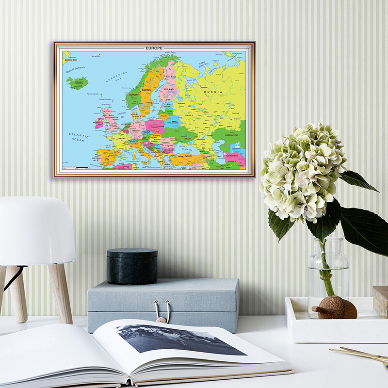 Mapa da Europa com Detalhes Wall Art Poster, Pintura em Canvas, Viagens e Material Escolar, Sala de aula Decoração, Decoração do lar, 59x42cm
