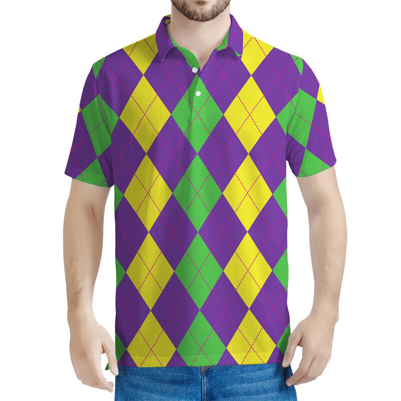 Polo con estampado 3d de cuadros para hombre, camiseta informal de calle, manga corta, solapa, multicolor