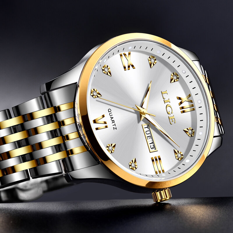 Часы наручные LIGE Мужские кварцевые, модные повседневные деловые брендовые Роскошные полностью стальные водонепроницаемые