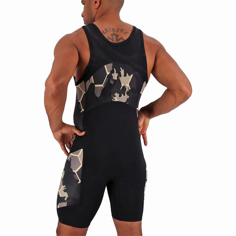 Zwarte camouflage worstelen singlet bodysuit turnpakje ondergoed gym triathlon powerlifting kleding zwemkleding skinsuit