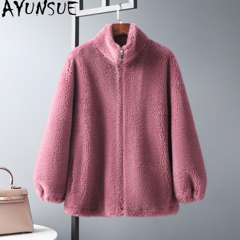AYUNSUE New Sheep Shearing Jacket for Women 2023 Autumn Winter 100% Wool Coats Casual Loose Fur Coat Standing Collar Abrigos