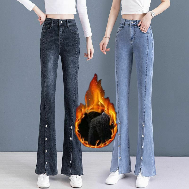PLUS กางเกงยีนส์เอวสูงผ้ากำมะหยี่สำหรับผู้หญิง, กางเกงยีนส์ผ้าเดนิมอบอุ่น MODE Korea ฤดูหนาวกางเกงยาวถึงข้อเท้าทรงถุงยืดลำลอง