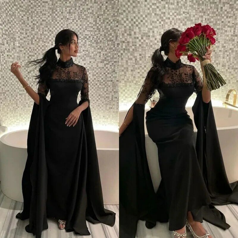 Aleeshuo Saudi Arabia Elegant Black Mermaid Prom Gowns High Neck Half Sleeves Sexy Illusion Beaded Pleat Floor-Length 2024