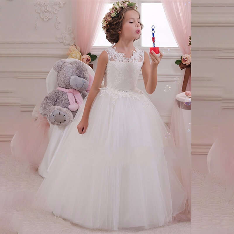 Aplikacje bez rękawów koronkowa dziewczęca sukienka w kwiaty suknia balowa tiulowa artystyczna korowód księżniczki suknie klejnot pasek suknia na przyjęcie urodzinowe