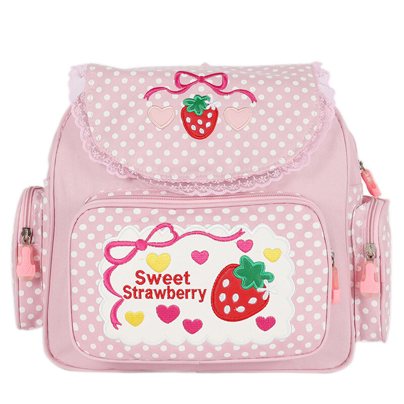 Mochila escolar Kawaii para niños, bolso con bordado de fresas, múltiples bolsillos, moda universitaria para adolescentes