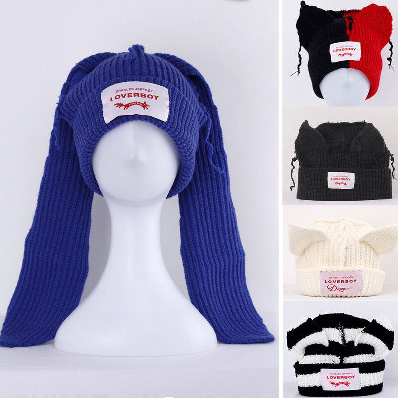 2022 Winter Skullies Cute Women Long ears  fox Hat Crochet Knitted Hat Costume Beanie Hats Women christmas Gift Hip-hop Cap