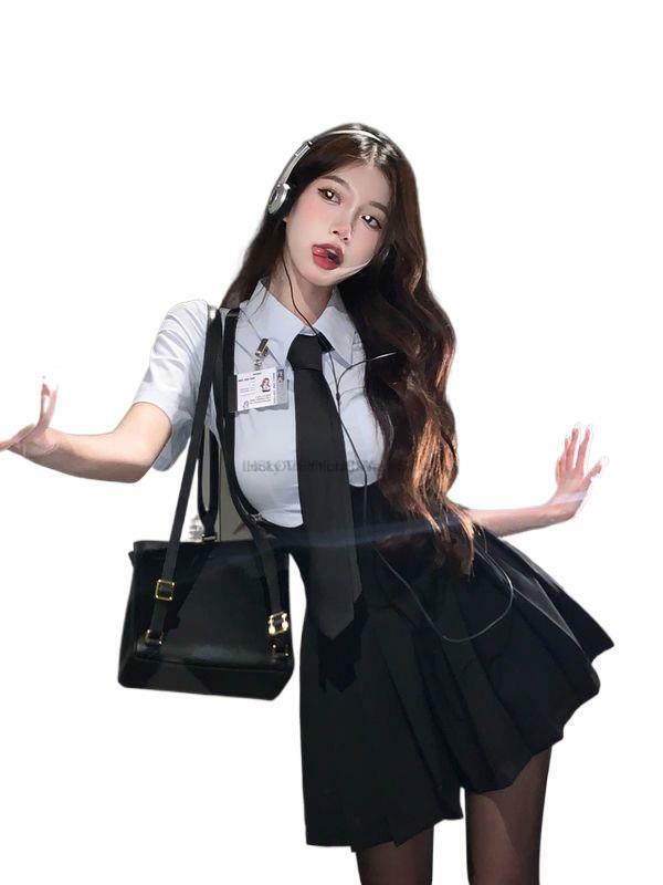 Conjunto uniforme JK estilo coreano feminino, camisa de manga curta, plissada, vestido suspenso, azul, doce, quente, sexy, verão, 2 peças