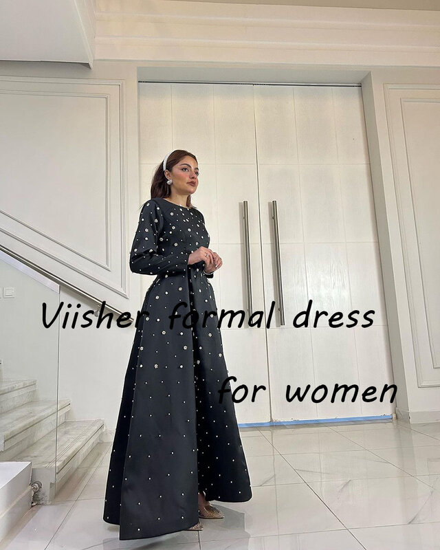 Black Satin A Line Evening Dresses Long Sleeve O Neck Beaded Luxury Formal Occasion Dress Ankle Length Prom Party Gowns