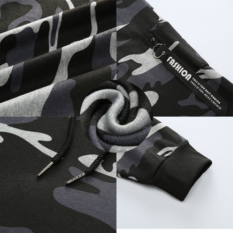 Setelan Celana Pullover Lengan Panjang Set Bertudung Kamuflase Pria Jaket Kasual Setelan Olahraga Kamuflase Pria