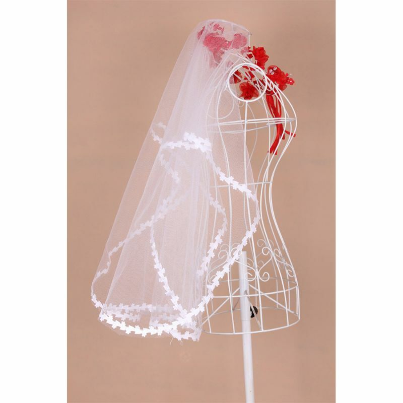 女性用シングルレイヤーショート透明メッシュチュール、白い結婚式のベール、小さな葉のアップリケ、パッチワークトリム、波状のモノクロ、1m