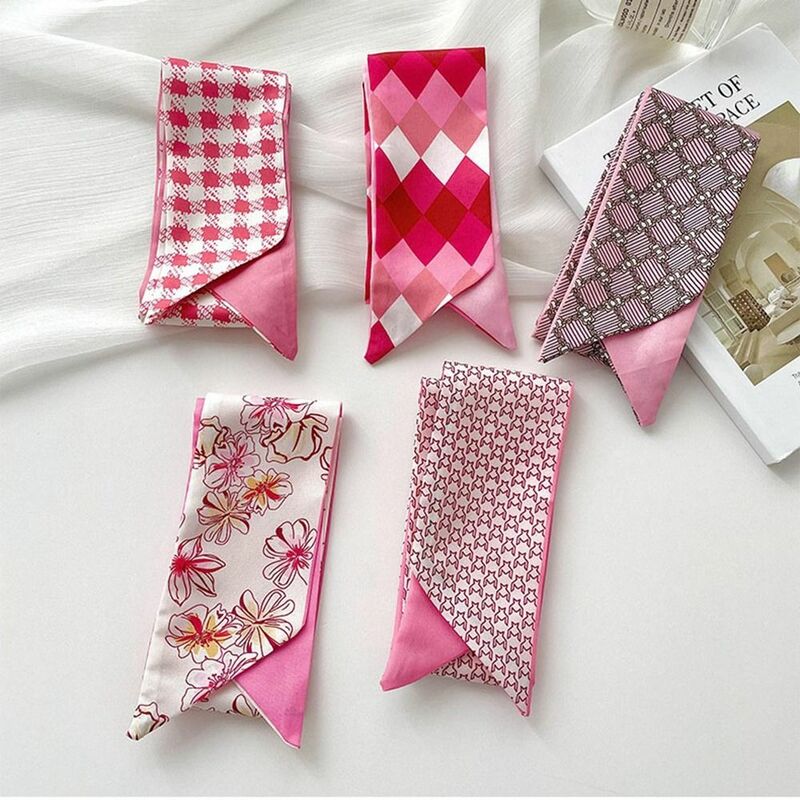 Dolce rosa piccola sciarpa lunga semplice moda stampa fiore sciarpa di seta fascia per capelli per accessori decorazione borsa femminile