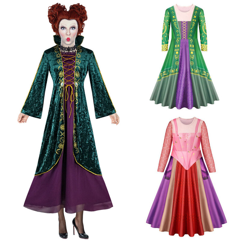 Hocus Pocus 2 Winifred Sanderson Cosplay Adult Kid Witch Dress Outfit Suit Uniform Halloween Carnival Costume Orange Curls Wig