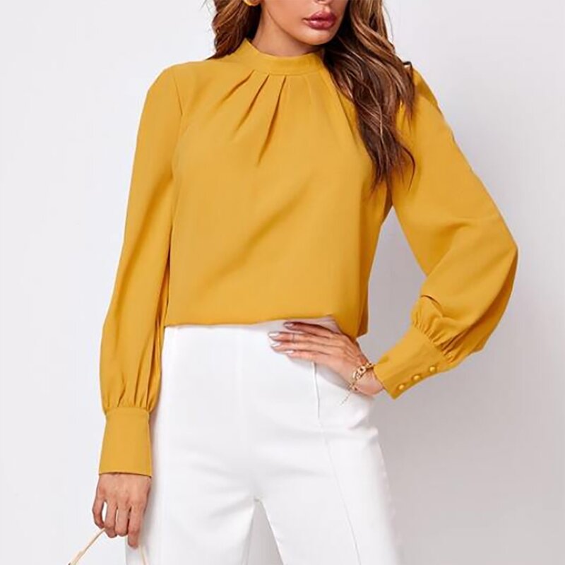 Women's Standing Collar Chest Pleated Long Sleeve Tops Solid Color Round Neck Retro Style Casual Shirt Blouse For Women