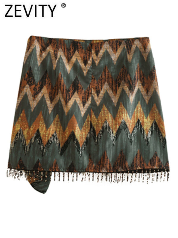 Zevity impressão geométrica do vintage feminino atada mini sarong saia faldas mujer beading borla casual zíper vestidos qun1436