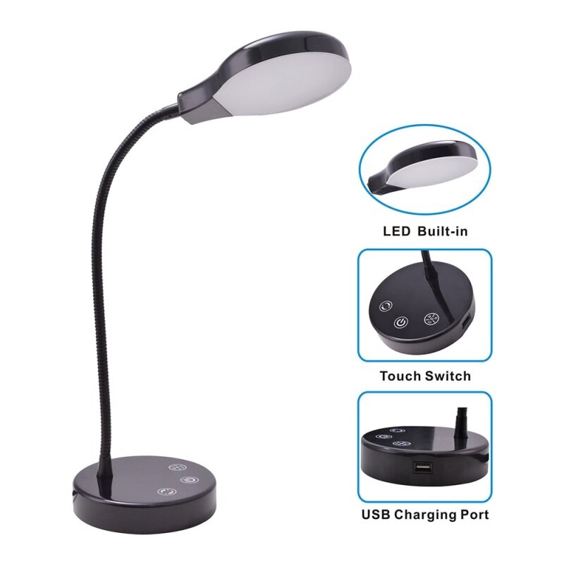 Lampu meja LED Modern dapat diredupkan dengan Port pengisi daya USB, hasil akhir hitam, untuk semua usia