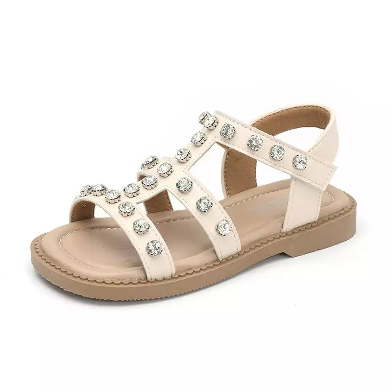 Sandal anak perempuan, sandal pantai datar lembut kasual berlian imitasi, potongan untuk anak perempuan musim panas