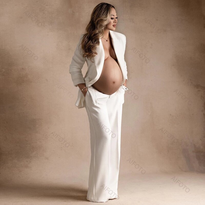 Terno de maternidade branco para mulheres grávidas, manga comprida lace-up blazer com corrente e no peito cadeia, foto shoot roupas