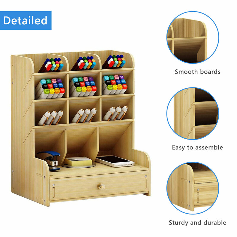 Wooden Desk Organizer DIY Pen Pencil Holder Storage Rack Box with Drawer Memo Pad for Office School Home Supplies