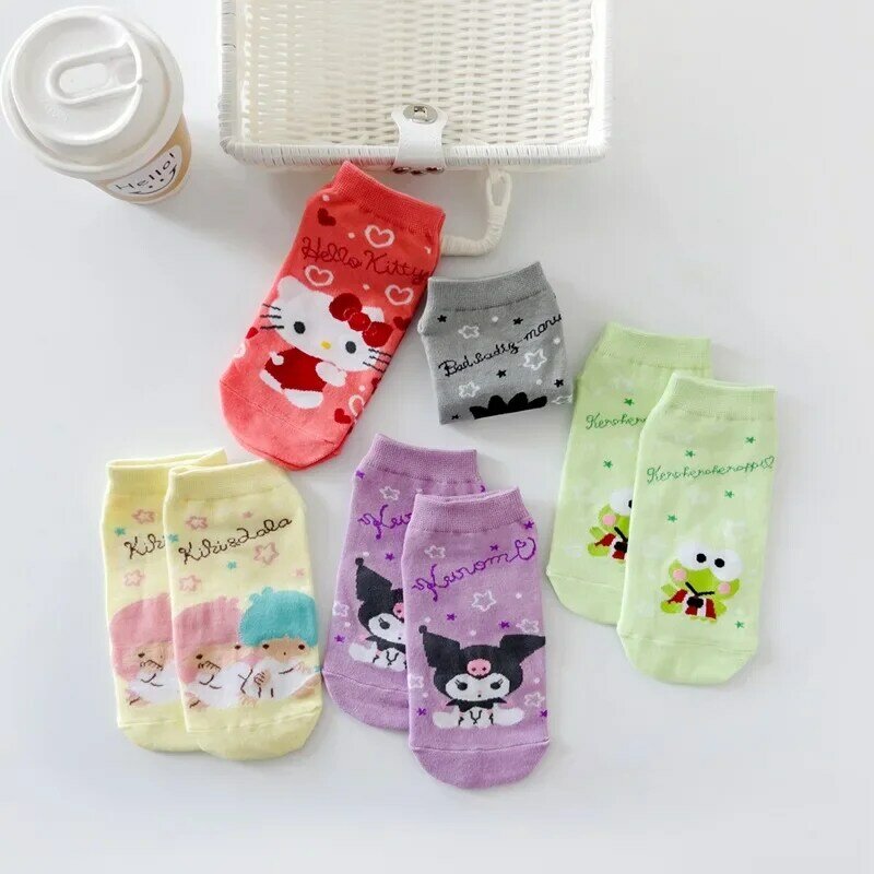 Meias curtas de algodão para meninas, meias suaves e respiráveis anime kawaii, sanrio, hello kitty, minha melodia, primavera, outono, inverno