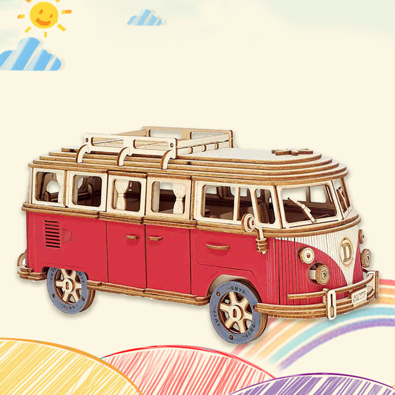 Puzzle 3D de voiture en bois pour enfants, bus rétro, camping-car de style européen, bricolage, voile, soleil, avion, construction, modèle de maison, jouets de puzzle