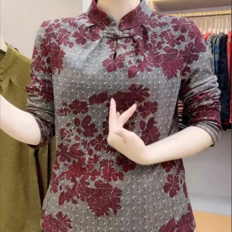Vintage Floral Printed Shirt Spring Autumn Folk Stylish Chinese Disc Buckle Loose Stand Collar Blouse Women's Clothing