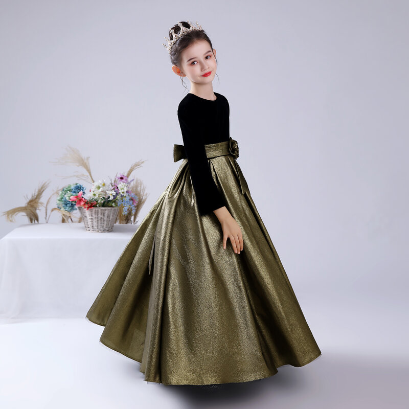 Muslimb Flower Girls Dress For Party abito da spettacolo formale lungo Vintage Velvet manica lunga Shining Satin Junior damigella d'onore