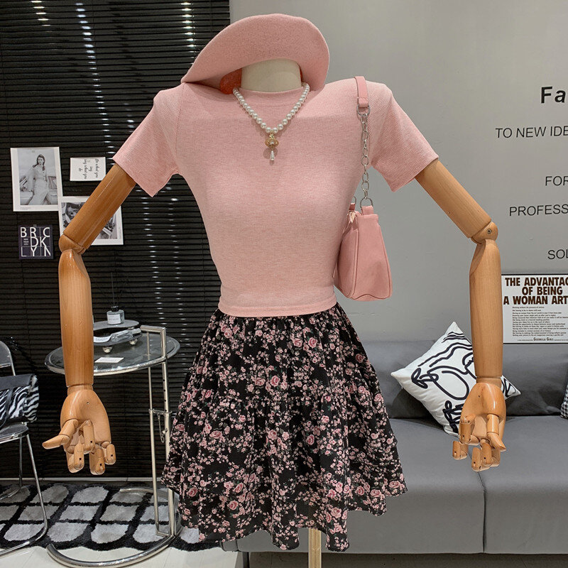 Soft Gentle versatile fashion short sleeved T-shirt+floral A-line skirt two-piece set  sets womens 2 piece