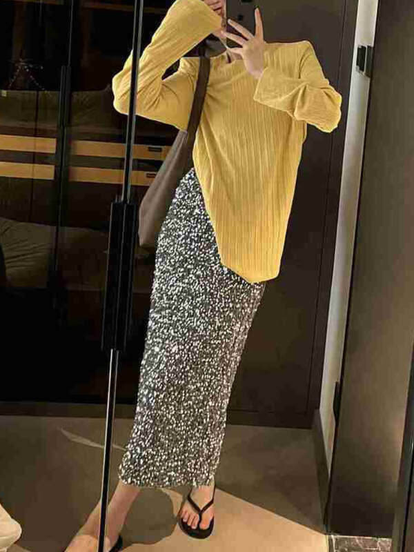 Faldas Midi de cintura alta con lentejuelas para mujer, ropa elegante de moda coreana, corte en A, holgada, informal, combina con todo
