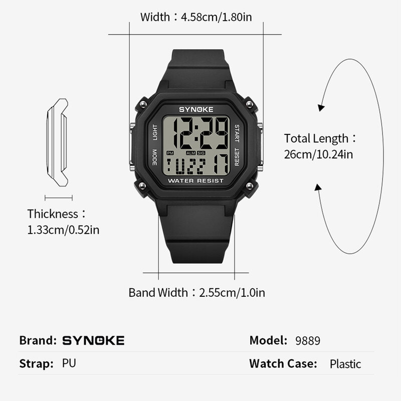 Synoke-relógio esportivo digital masculino, simples, quadrado, multifuncional, para homens