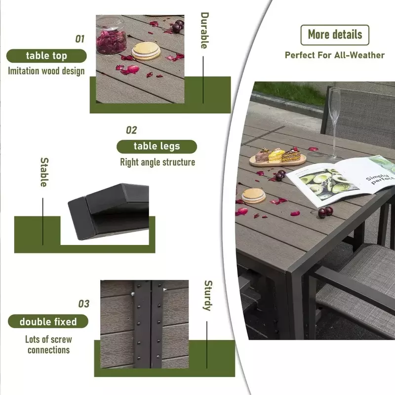 Terraço Jantar Outdoor Furniture Set, mesa intempéries, 6 empilhável para jardim, 7 pcs