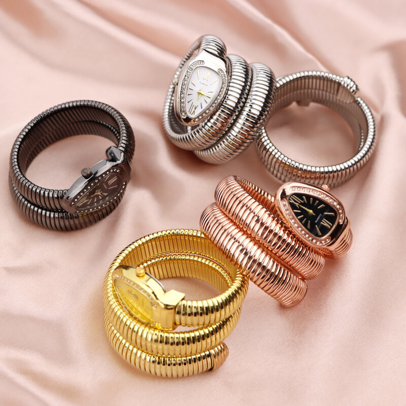 럭셔리 여성용 시계, 뱀 모양 팔찌 손목 시계, 여성용 스틸, 독특한 골드 쿼츠, 숙녀 시계, 여성 시계