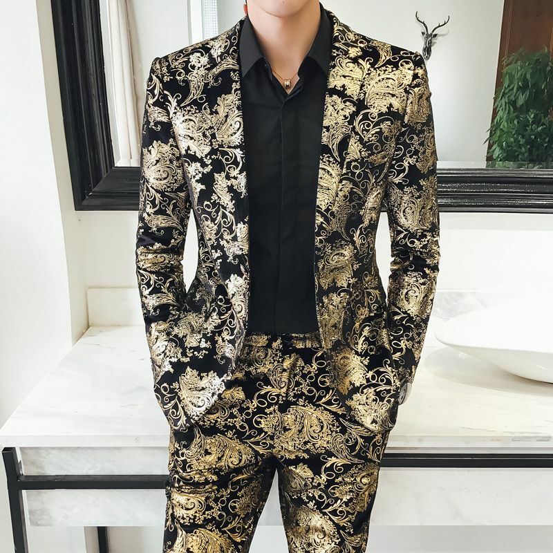 2-A8 Men's Korean Slim Floral Suit, Bronzing Spring Trendy Small Suit, Nightclub Hst's Top Two-piece Set