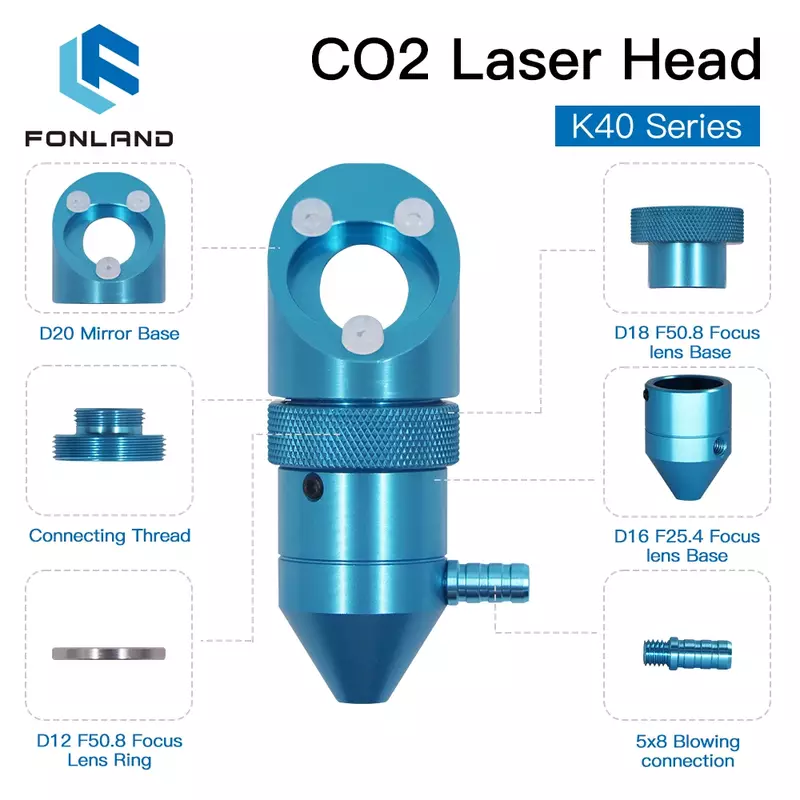 FONLAND-cabezal láser CO2 para máquina cortadora de grabado láser serie K40, lente de diámetro 12/15/18mm, longitud Focal 50,8mm, espejo 20mm