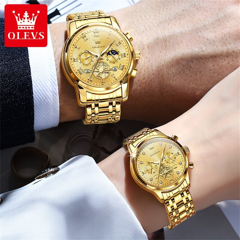 Olevs Merk Luxe Gouden Quartz Horloge Liefhebbers Rvs Waterdicht Lichtgevende Mode Chronograaf Paar Horloge Mannen En Vrouwen