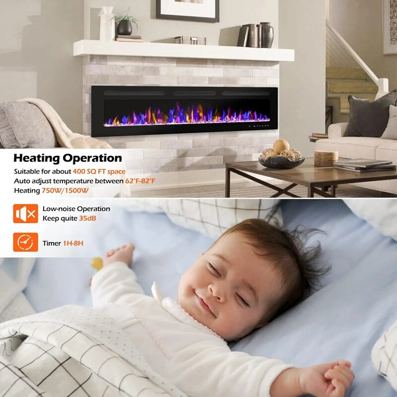60 Inch Wall Mount Electric Fireplace, 750/1500W Thin Wall Fireplace Heater with Timer to Adjust Flame Color and Brightness