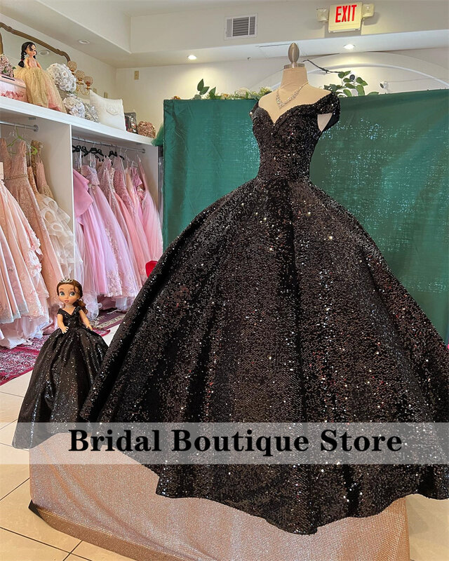 반짝이는 블랙 볼 가운, 퀸시네라 드레스, 오프 슈더 스팽글 아플리케, 럭셔리 스위트 16 원피스, 맞춤 제작