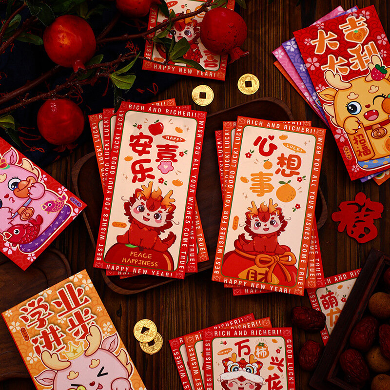 6 шт. китайский новогодний красный конверт на удачу, символ дракона, 2024 карманные конверты для денег, карманы с драконами, товары для фотографий