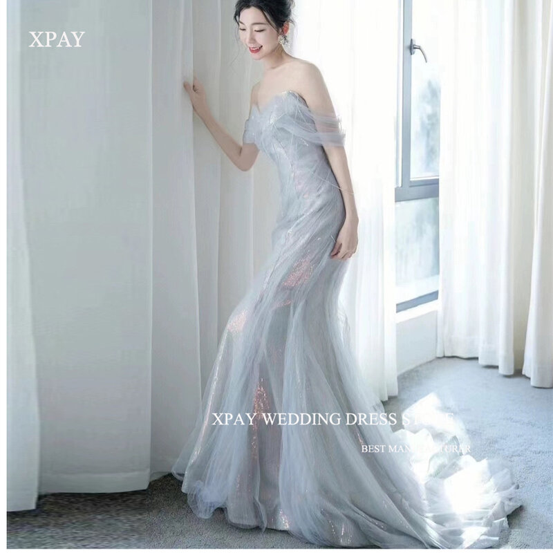 XPAY 반짝이는 인어 이브닝 드레스, 한국 오프 숄더 스윕 트레인, 긴 무도회 가운, 정식 파티 원피스