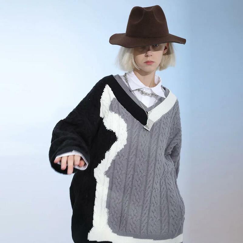 Мужской свитер в Корейском стиле, свитер в стиле ins с индивидуальной строчкой, синий контрастный свитер с рисунком маслом, топ с круглым вырезом и длинными рукавами